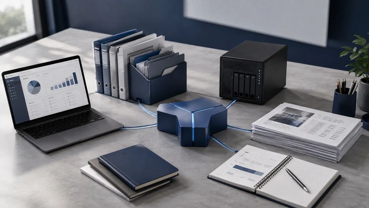 Illustration de MGbox reliant applications, documents, données et infrastructure